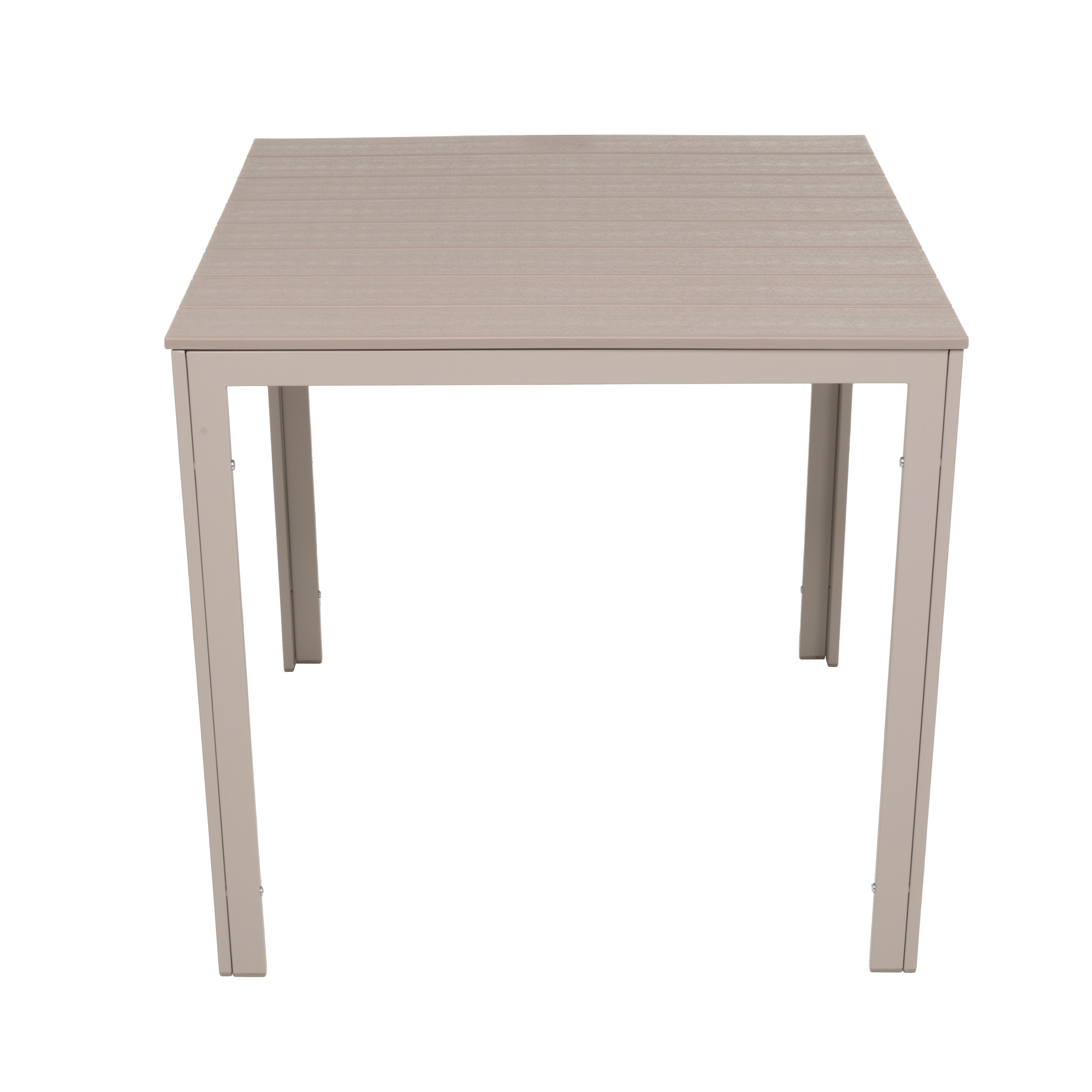 VESTIAMO CASA GIARDINO - Tavolo da giardino in acciaio Beige con Doghe Effetto Legno Tortora - h74x78x78 cm